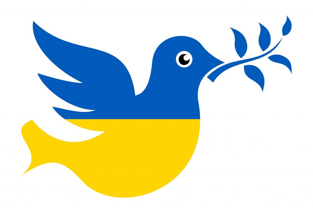 2DD4YEK ove with olive branch in colors of Ukraine as metaphor of peace and ceasefire in Ukrainian state after civil war and military conflict in Donetsk and